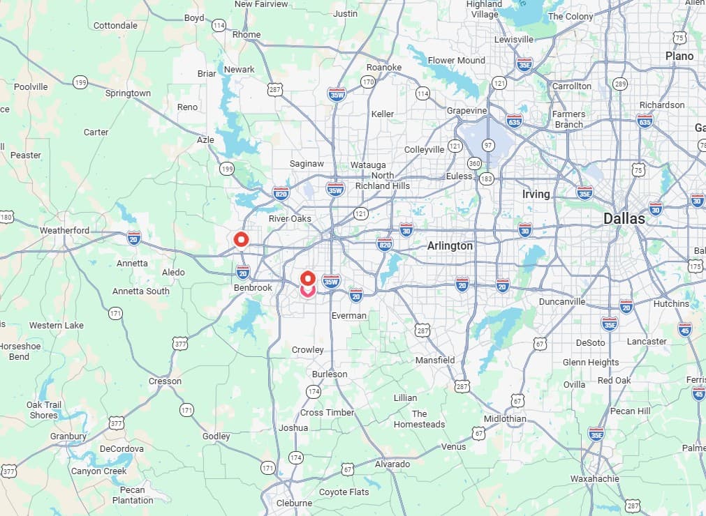 Family First Comfort service area map covering Fort Worth and the surrounding DFW Metroplex